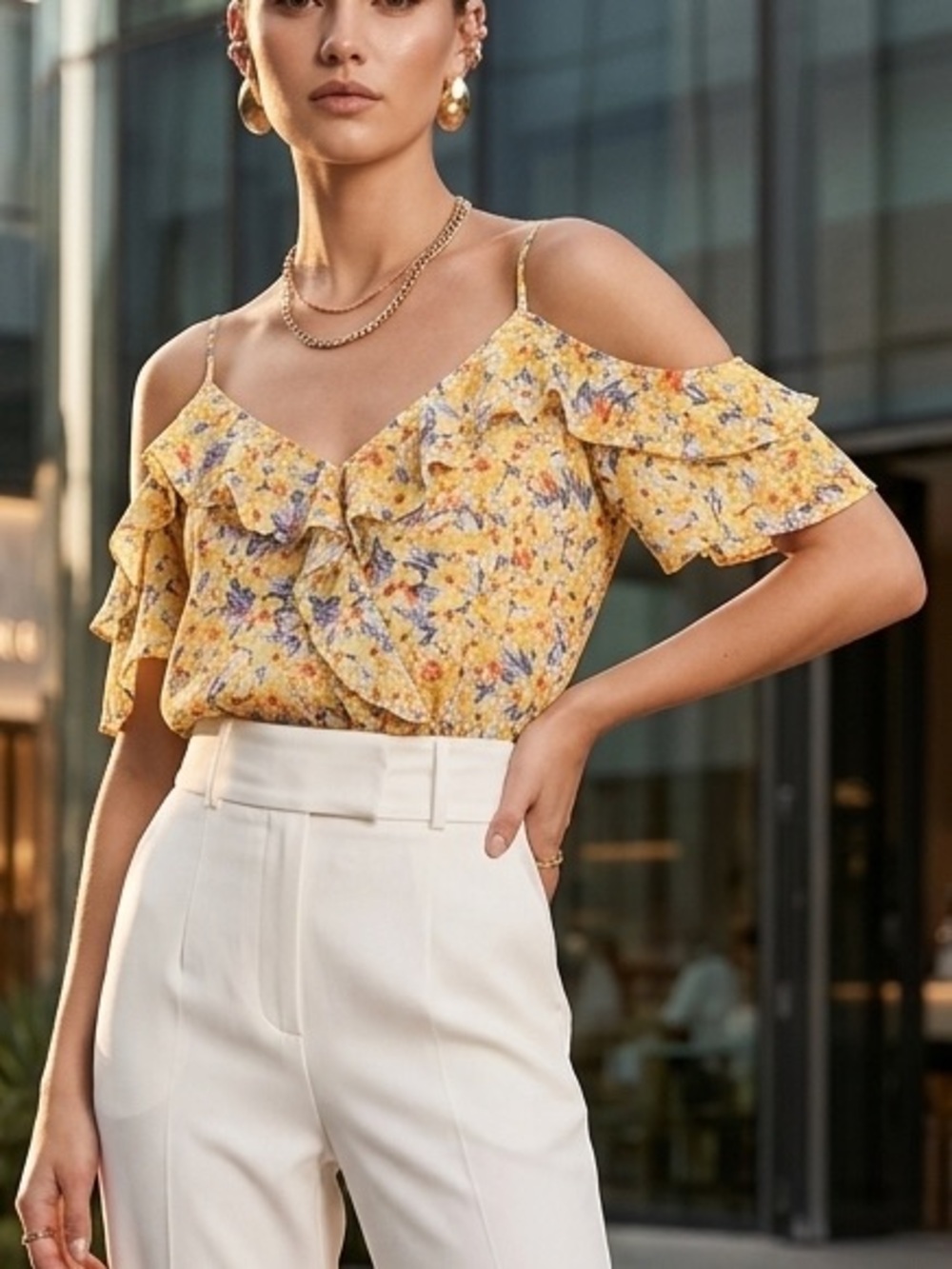 Moa Moa Yellow Floral Cold Shoulder Ruffle Top‎ Large ITB498-CHDP